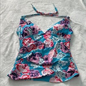 Floral Halter Neck Women Swim Top - Blue and Pink